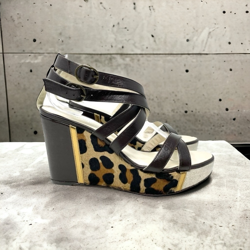 Ramon Tenza Leopard Calf Hair Wedge Sandals Size 8